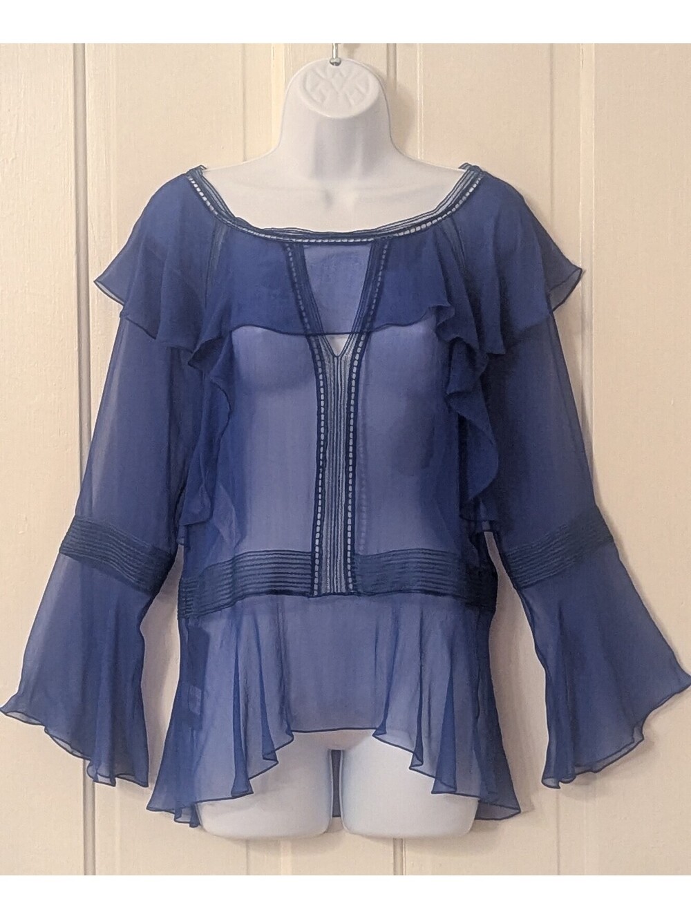 NWT ALBERTA FERRETTI COBALT BLUE SHEER 100% SILK RUFFLE PEPLUM BLOUSE US 4 IT 40